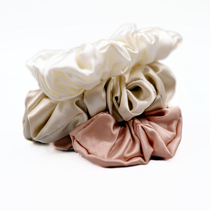 Midi Silk Scrunchies 3pc - White / Champagne / Lotus / Sliver / Dark Grey