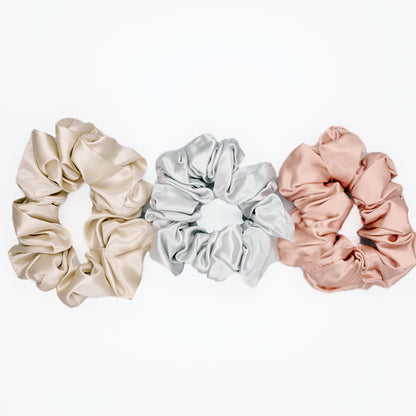 Midi Silk Scrunchies 3pc - White / Champagne / Lotus / Sliver / Dark Grey