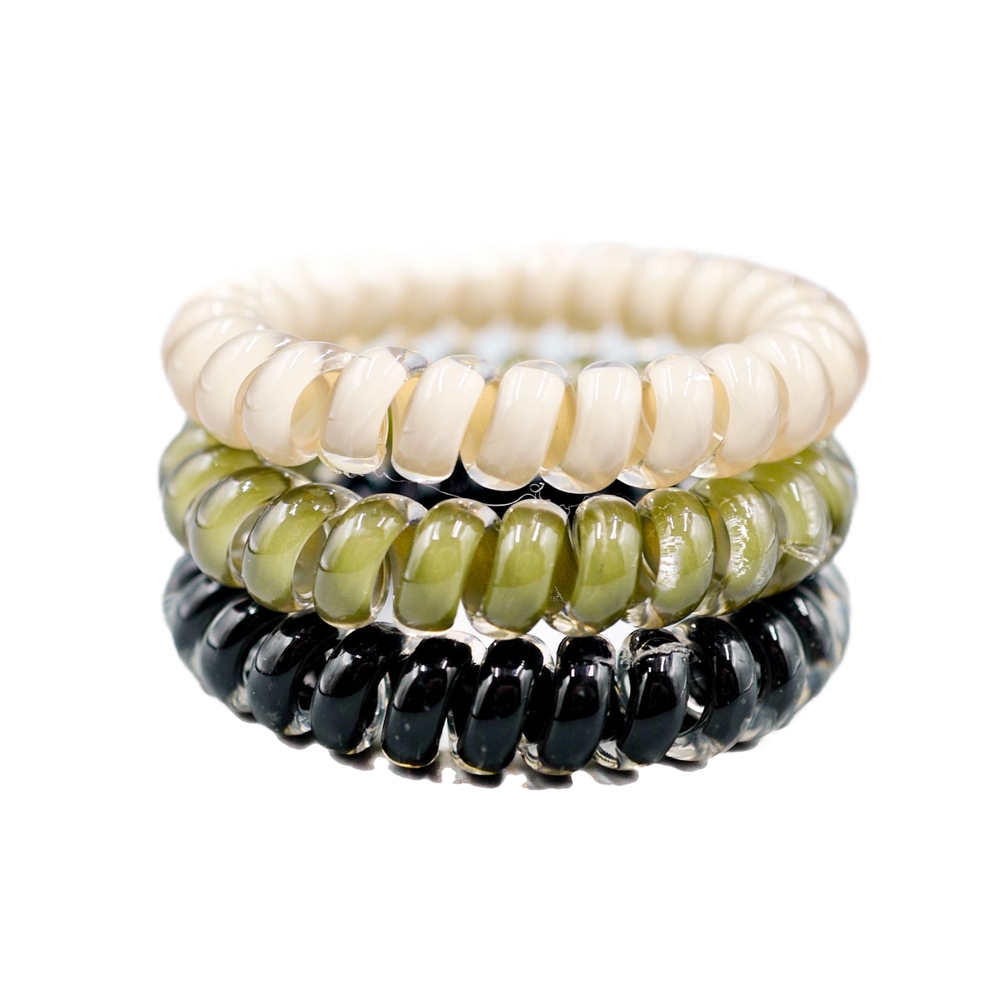 Spiral Crystal Hair Ties 3pc - Olive / Vanilla / Black