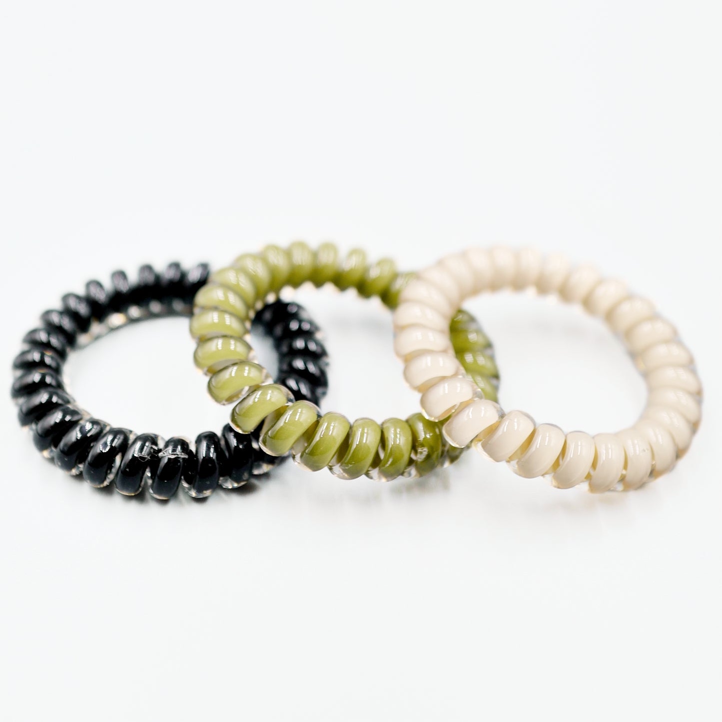 Spiral Crystal Hair Ties 3pc - Olive / Vanilla / Black