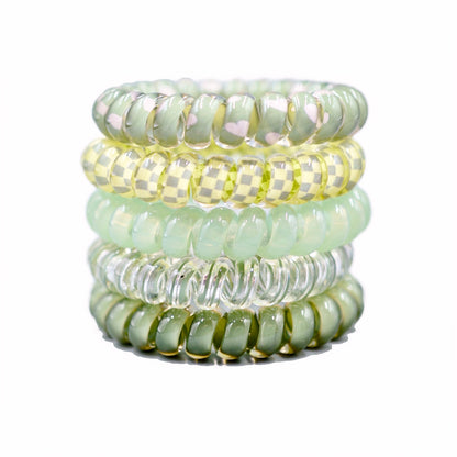 Spiral Crystal Hair Ties 5 Pc - Antique White / Lime Green / Blush Pink / Chestnut Brown