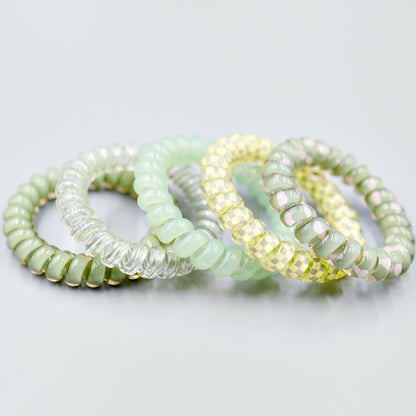 Spiral Crystal Hair Ties 5 Pc - Antique White / Lime Green / Blush Pink / Chestnut Brown