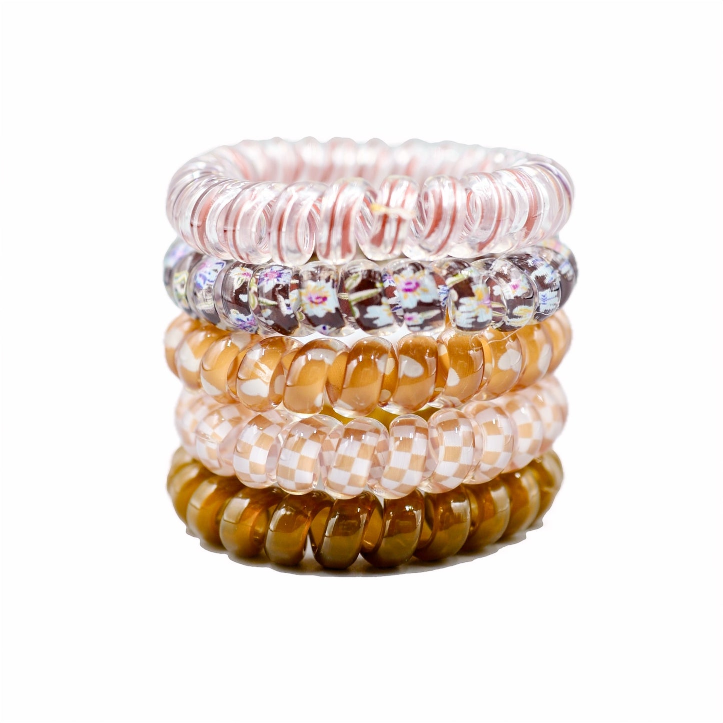 Spiral Crystal Hair Ties 5 Pc - Antique White / Lime Green / Blush Pink / Chestnut Brown