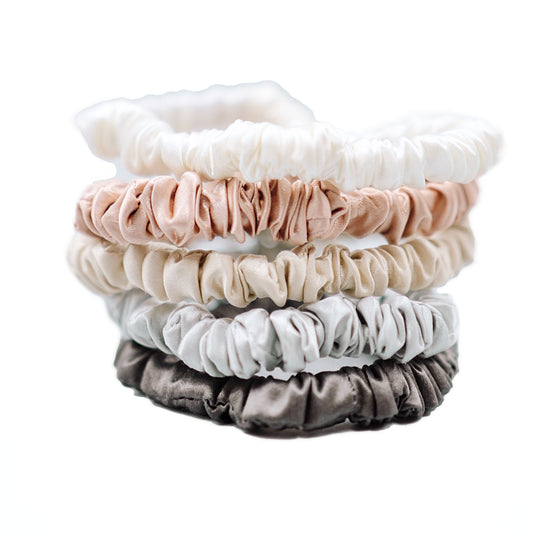 Petite Silk Scrunchies 5pc - White / Champagne / Lotus / Sliver / Dark Grey