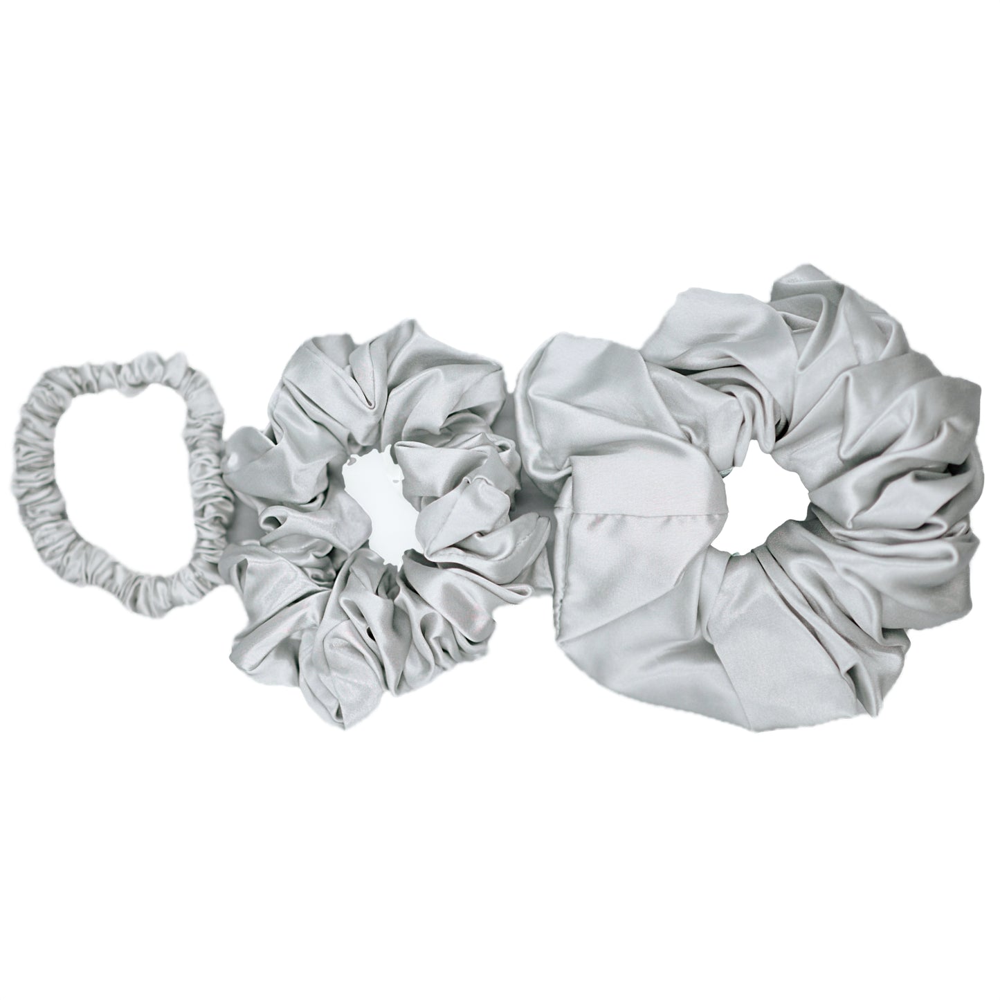 Silk Scrunchies Set Petite / Midi / Large 3 pc - White / Lotus / Champagne / Silver / Dark Grey